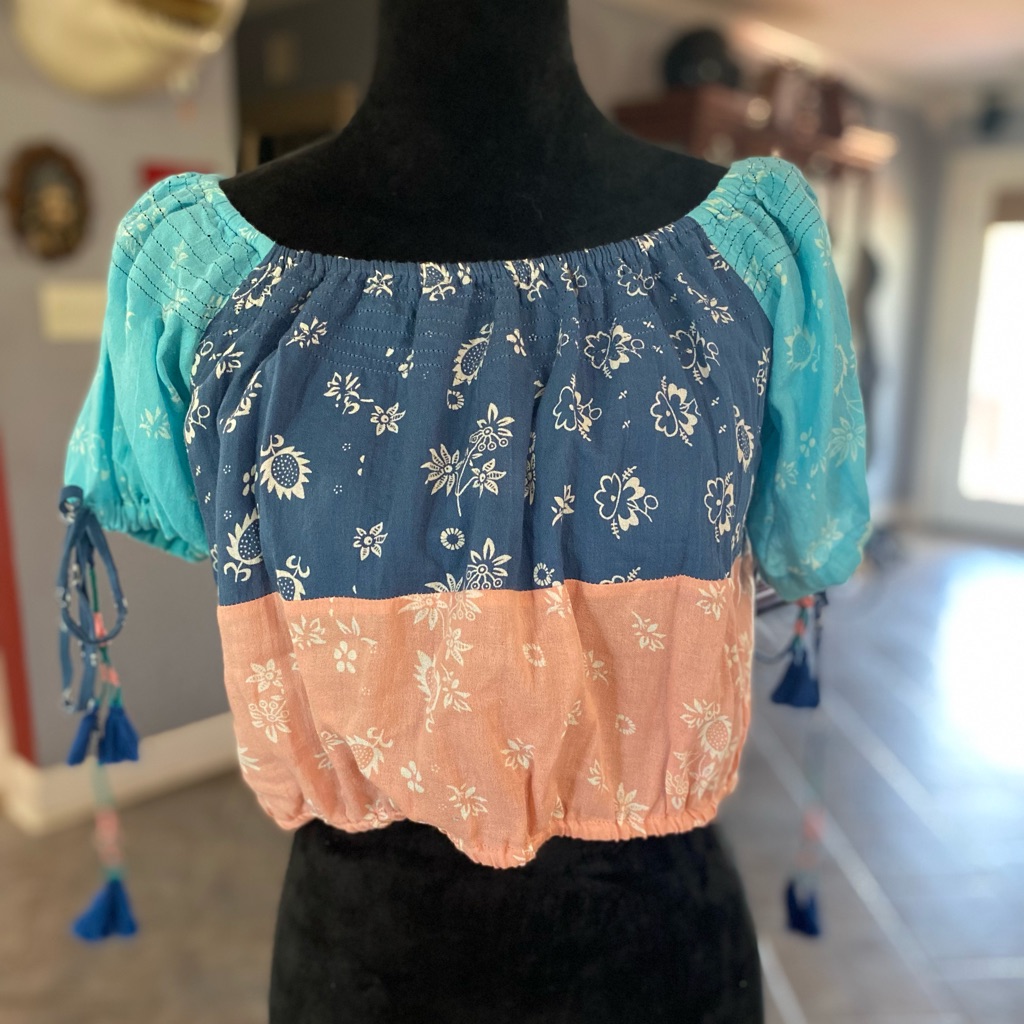 Kopal Ny Large Crop Top 100% Cotton Boho Multicolored Pink Blue Floral